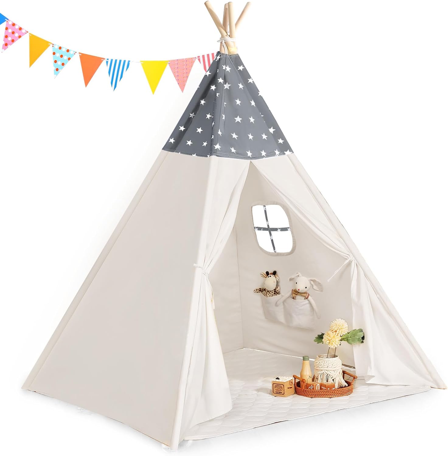 61WugbkxfWL._AC_SL1500_.jpg Teepee Tent for Kids Slumber Party - Cotton Canvas Foldable Kids Tent Indoor with Light & Flag Play House Outdoor - Toddler Playroom for Girls Gift Toys - Tee Pee Tents(Stars Design) - Image 1