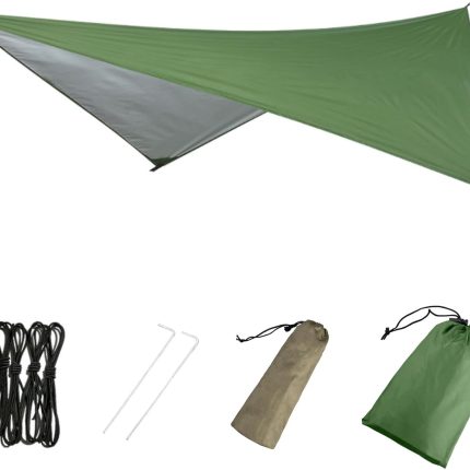 Hammock Camping Tarp Rain Fly, Waterproof Tent Shelter Awning Sunshade Cloth Picnic Mat for Outdoor Hiking Beach Backpacking - Included Guy Lines & Stakes