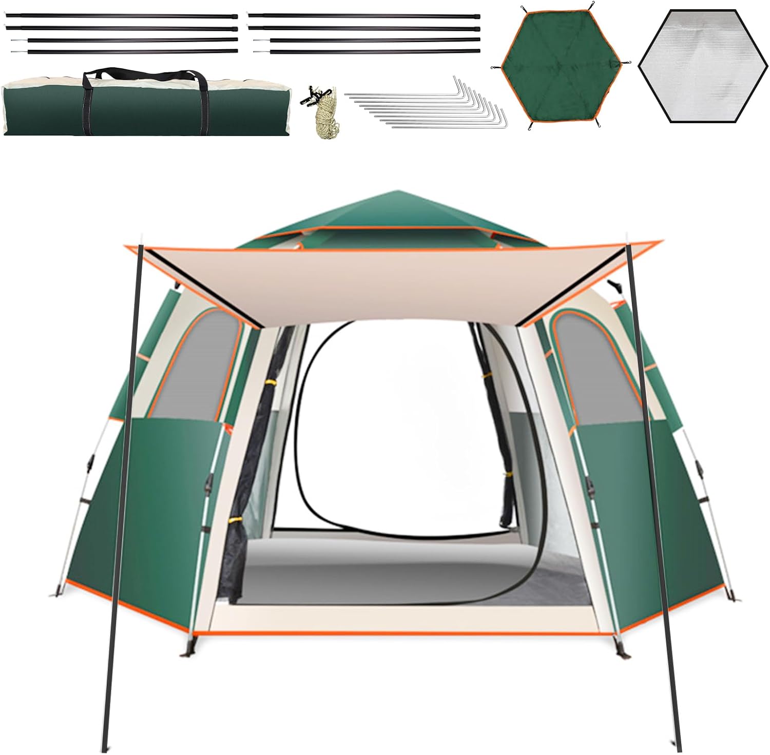 61xrmIPByVL._AC_SL1500_.jpg Camping Tent Large Tent 87" L 73" W 40" H with Instant Setup Outdoor Tent with 2 Doors,3 Windows,Removable Rainfly, Hexagonal Moisture-Proof Pad and Carry Bag,4/6/8 Person Weatherproof - Image 1
