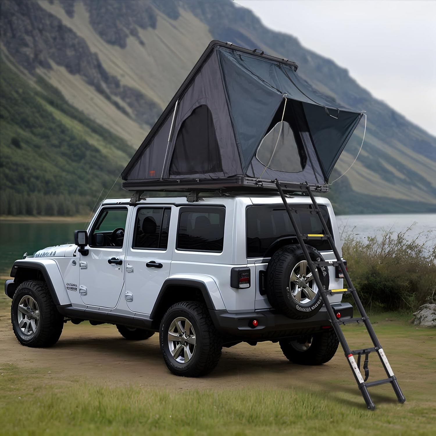 71-y3a8q8xL._AC_SL1500_.jpg Hard-Shell Roof Top Tent: A 2–3 person aluminum hard-shell tent featuring tri-color LED lighting, a thickened mattress, and a single window; waterproof and windproof. - Image 1