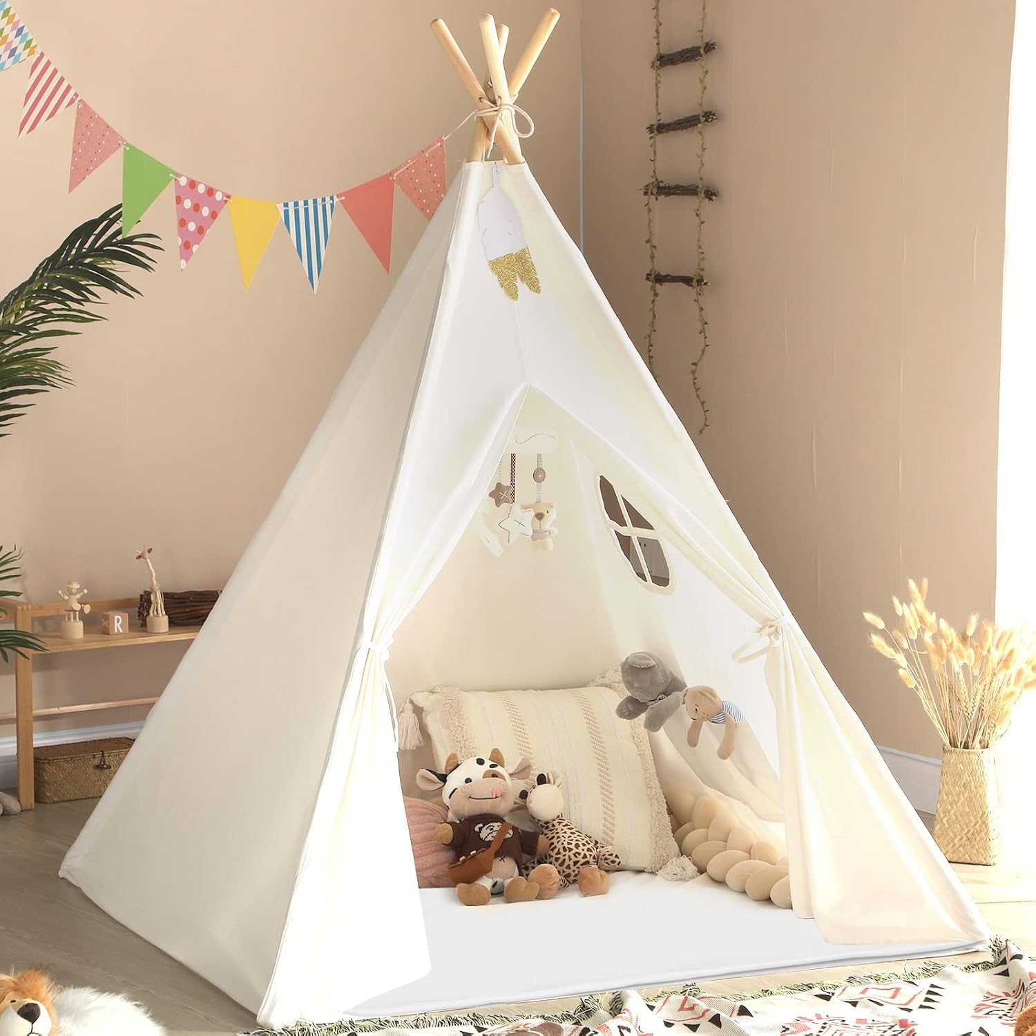 714jWEwnEwL._AC_SL1500_.jpg Teepee Tent for Kids Tent Indoor with Mat - Cotton Canvas White Toddler Tee Pee Tents Play House- Collapsible Tents for Slumber Party - Washable Boho Bedroom Gift Toys for Girls & Boys - Image 1