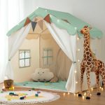 Kids Tent, Kids Play Tent 2 in 1 with Padded Mat and Lights, Large Playhouse with 2 Doors & 4 Windows, Indoor & Outdoor, Christmas Toddler Playhouse, 51" x35" x 51" (Green)