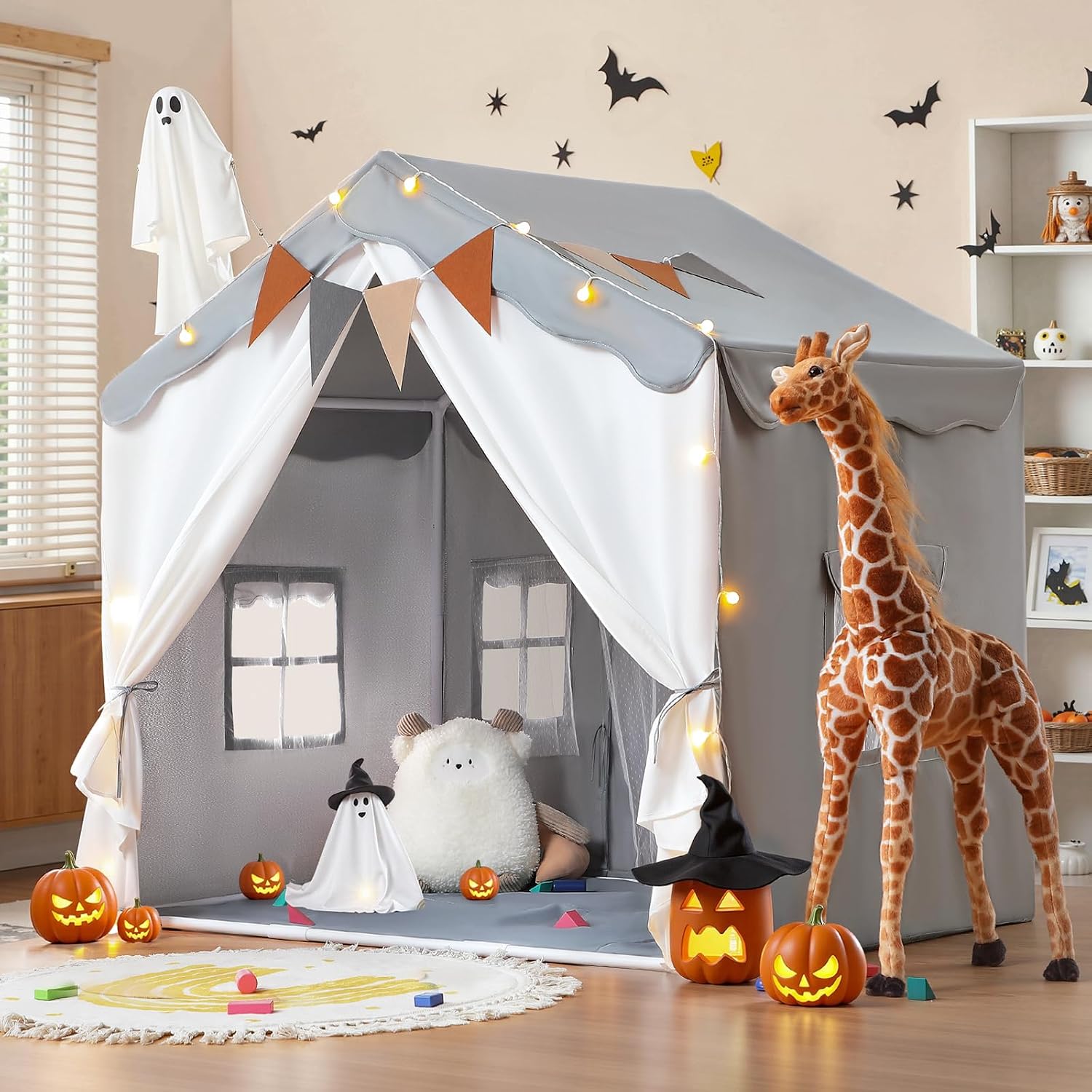 71SkQhNMBL._AC_SL1500_.jpg Kids Tent, Kids Play Tent 2 in 1 with Padded Mat and Lights, Large Playhouse with 2 Doors & 4 Windows, Indoor & Outdoor, Halloween Toddler Playhouse, 51" x35" x 51" (Gray) - Image 1