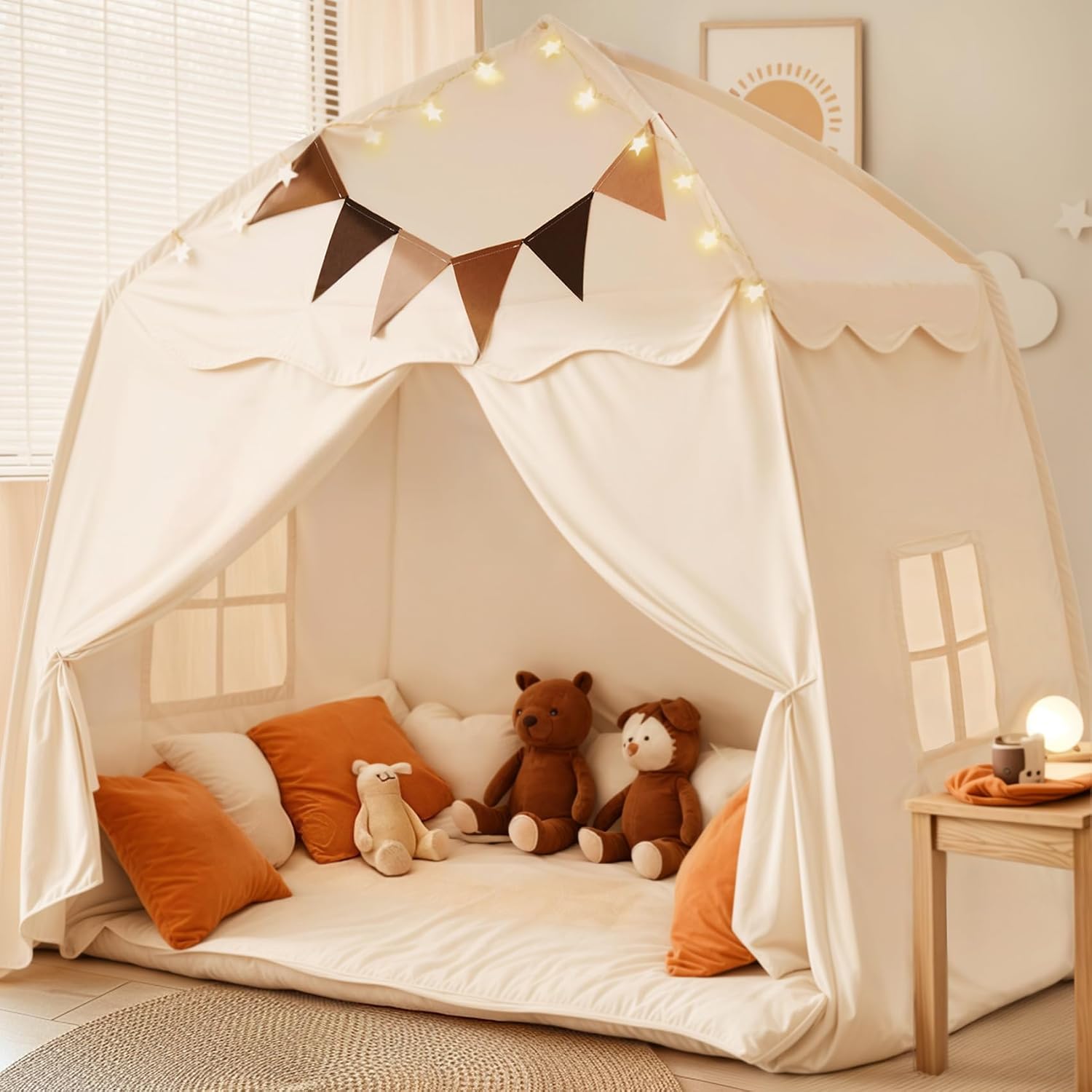 71XnBeIFr5L._AC_SL1500_.jpg Extra Large Kids Play Tent with Flags & Star Lights, Portable & Foldable Teepee, Boys & Girls, Indoor Outdoor Dome Tent Playhouse, 59x39x59 in, Cream - Image 1