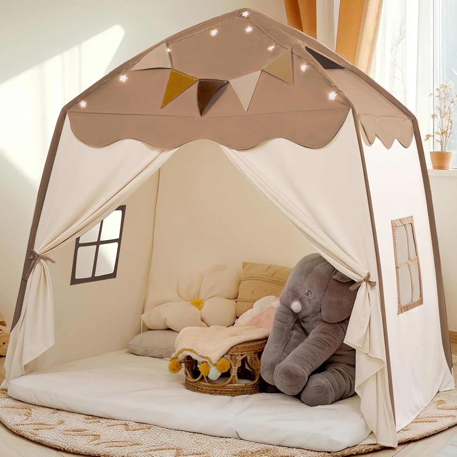 71ben0VLQYL._AC_SL1500_.jpg Extra Large Kids Play Tent with Flags & Star Lights, Portable & Foldable Teepee, Bed Tents Bed Canopy for Boys & Girls, Indoor Outdoor Dome Tent Playhouse,Kids Birthday Gift, 59x39x59in, Brown - Image 1