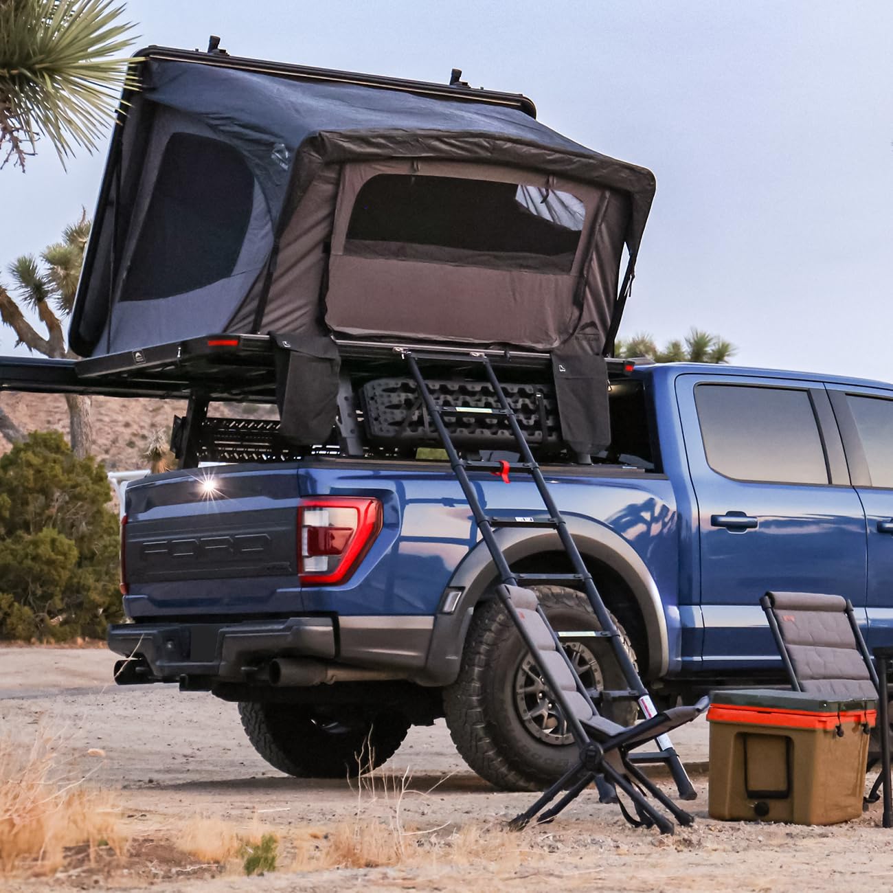 71uV5ooUAxL._AC_SL1300_.jpg Hard-Shell Roof Top Tent: 2-person capacity, designed specifically for off-road camping; features LED light strips, crossbars, and a cargo rack; easy to open. - Image 1
