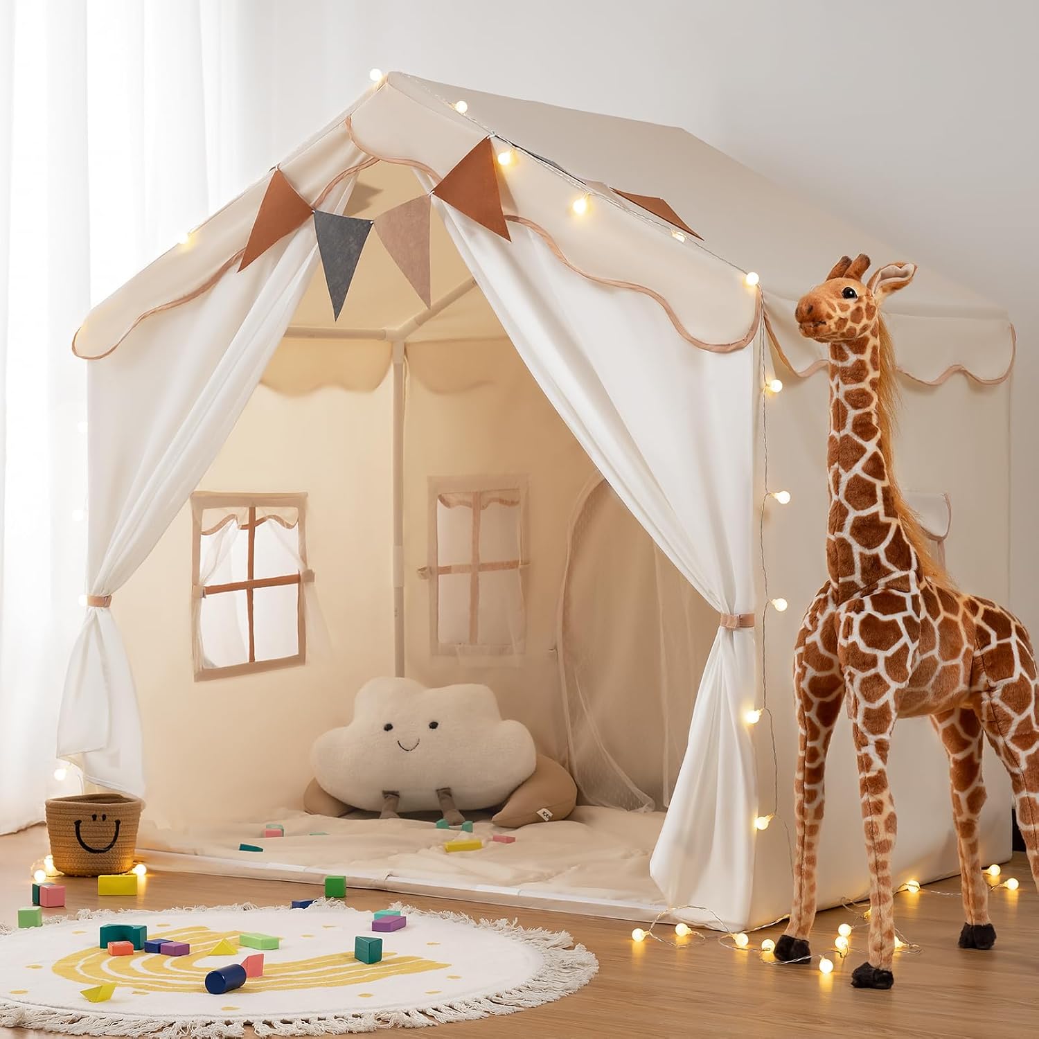 71zDw3kZ2nL._AC_SL1500_.jpg Kids Play Tent 2 in 1 with Padded Mat and Lights, Large Kids Playhouse with 2 Doors & 4 Windows, Indoor & Outdoor, Christmas Toddler Tent, 51" x35" x 51" - Image 1