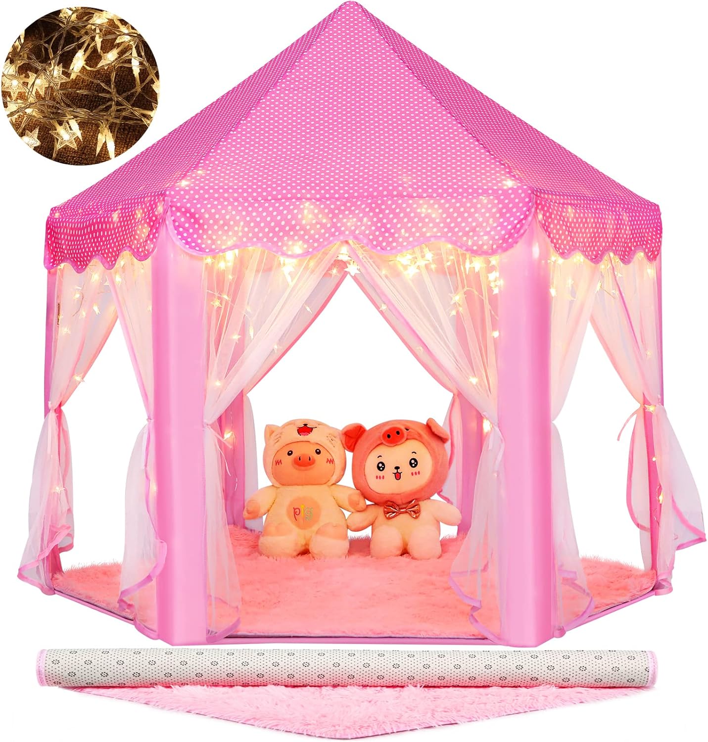 81ftcsr5-lL._AC_SL1500_.jpg Princess Tent Girls Large Playhouse Kids Castle Play Tent with Star Lights Toy for Children Indoor and Outdoor Games, 55'' x 53'' (DxH) (Pink Princess Tent with Play Mat) - Image 1