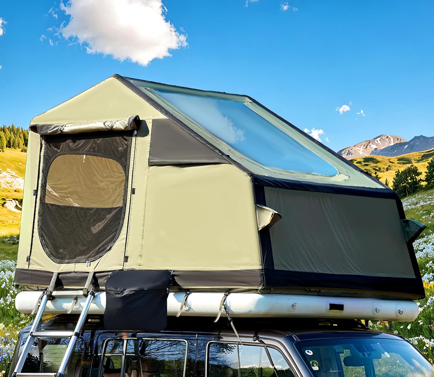81nwGgJPxuL._AC_SL1500_.jpg Inflatable Roof Top Tent: A multi-functional SUV roof tent featuring an inflatable mattress, dual TPU skylights, a telescopic ladder, and an extendable awning; constructed from fully matte-textured Oxford fabric; easy to install and ideal for camping. - Image 1
