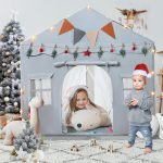 Kids Tent, Kids Play Tent 2 in 1 with Padded Mat and Lights, Large Playhouse with 2 Doors & 4 Windows, Indoor & Outdoor, Halloween Toddler Playhouse, 51" x35" x 51" (Gray) - Image 2